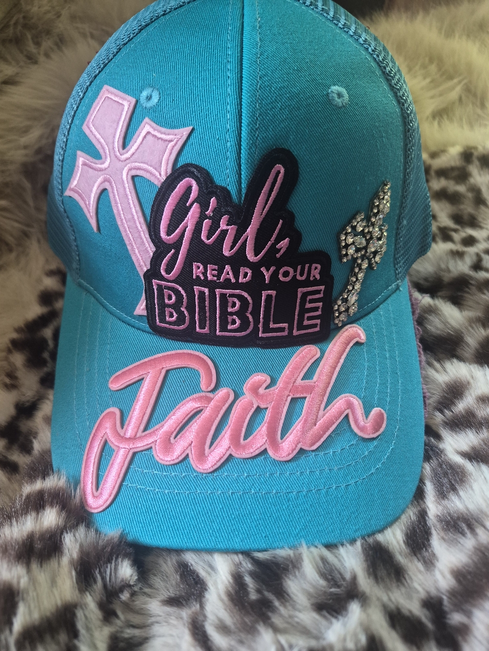 Turquoise Faith Baseball Cap with Pink Embroidery